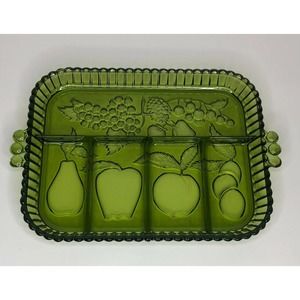 Vintage Olive Green Indiana Glass Divided Tray With Fruit Pattern Relish MidCent